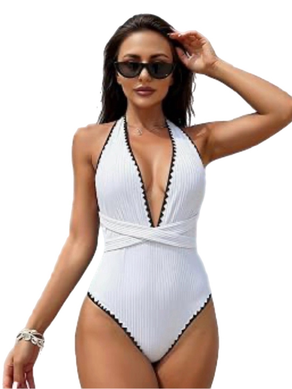 NWOT Amazon White Halter One-Piece Swimsuit with Black Trim Size Medium (10)